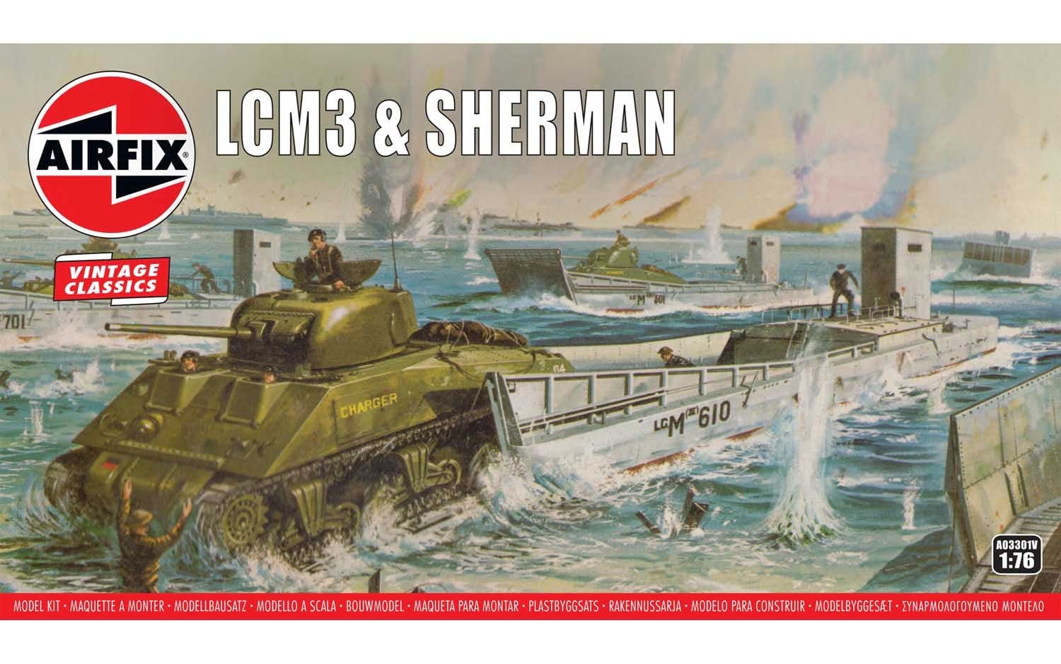 AIRFIX - Vintage Classics Set - A03301V LCM3 & Sherman - Plastic model watercraft and tank kits for adults and children from 8 years, set includes 88 pieces - Scale model of